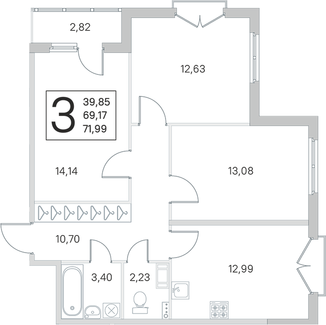 3-комнатная квартира 69.17 м², 3/4 эт., ЖК «Любоград в Стрельне»